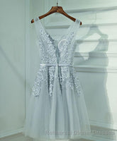 Gray A Line Lace Tulle Short Semi Formal Prom Dress, Homecoming Dress